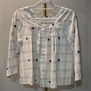 Madewell White Blouse with Navy and Gold Accents